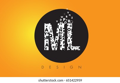 ML M L Logo Design Made of Small Letters with Black Circle and Yellow Background.