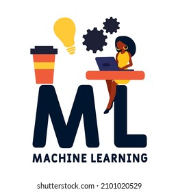 ML - Akronym für maschinelles Lernen. Hintergrund des Unternehmenskonzepts.  Vektorgrafik-Konzept mit Schlagwörtern und Symbolen. Buchstabengrafik mit Symbolen für Web-Banner, Flyer, Landing-Page