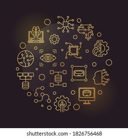 ML - Machine Learning Technology concept vector circular outline golden illustration on dark background 