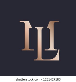 ML monogram logo.Luxury style typographic icon with uppercase letter M and letter L.Serif lettering in rose gold metallic color, isolated on dark background.