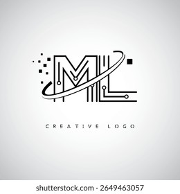 ML Orbit Monogram Logo – Futuristic Minimal Letter mark with Circular Line Art, Tech-Inspired Dots and Space Motion Concept for Modern Branding Identity