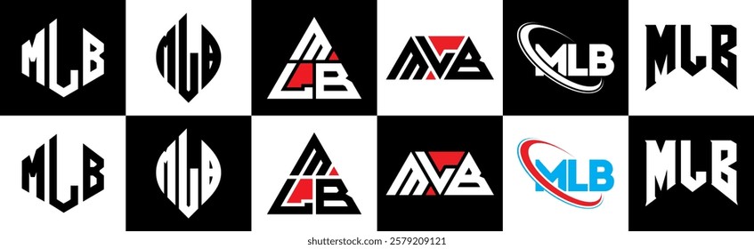 MLB letter logo design in six style. MLB polygon, circle, triangle, hexagon, flat and simple style with black and white color variation letter logo set in one artboard. MLB minimalist and classic logo