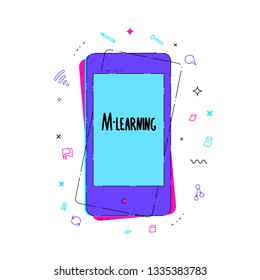 M-learning concept. Online education. Qute with phone and and school symbols in doodle style. Vector color illustration.