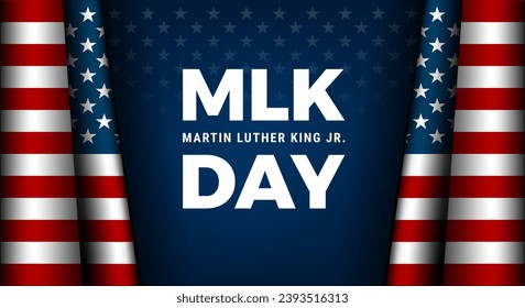 MLK Day typography greeting card design. Martin Luther King Jr. Day lettering and the US flag, dark blue vector background 