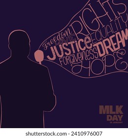 MLK day typography poster with speaker silhouette and words message. Martin Luther King birthday holiday card. Vector illustration with lettering design.