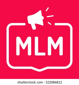 Mlm. Badge with megaphone icon. Flat vector illustration on red background.