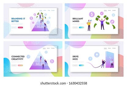 Mlm Business, Eco Transport Website Landing Page Set. Happy Man on Top Holding Money Bills. Worker with Empty Pockets. Environment Ecology Protection Web Page Banner. Cartoon Flat Vector Illustration