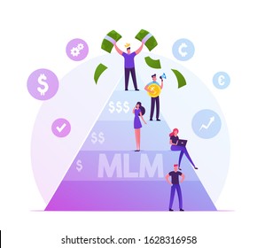 MLM. Multi Level Marketing Business Concept with People Stand on Different Levels of Finance Pyramid, Happy Man on Top Holding Money Bills. Enrichment Fraud Scheme. Cartoon Flat Vector Illustration