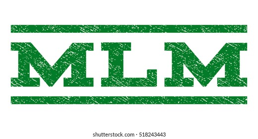 Mlm watermark stamp. Text tag between horizontal parallel lines with grunge design style. Rubber seal stamp with dust texture. Vector green color ink imprint on a white background.
