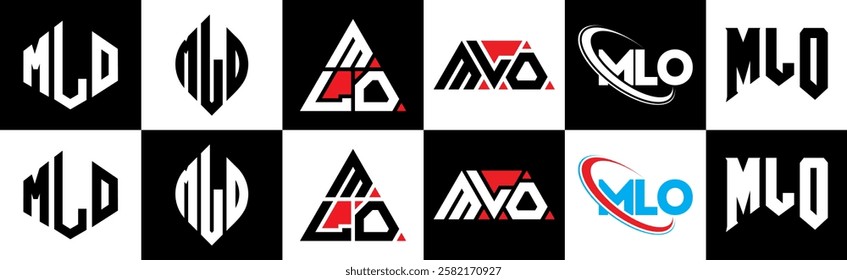 MLO letter logo design in six style. MLO polygon, circle, triangle, hexagon, flat and simple style with black and white color variation letter logo set in one artboard. MLO minimalist and classic logo