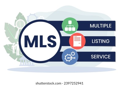 MLS, Multiple Listing Service-Akronym. Konzept mit Schlagwörtern und Symbolen. Flache Vektorgrafik. Einzeln auf weißem Hintergrund.