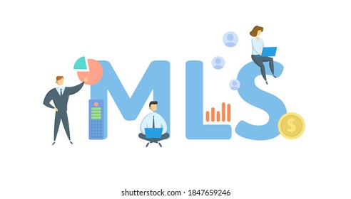 MLS, Multiple Listing Service. Concept With Keywords, People And Icons. Flat Vector Illustration. Isolated On White Background.