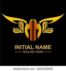 MM Golden Wing Emblem Logo with elegant gold wings, sleek and modern design. Ideal for branding, creative projects, luxury businesses, or artistic ventures.