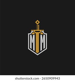 Monograma inicial MM para imagem de escudo e espada