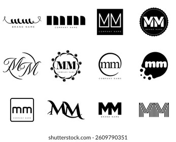 MM logo company template. Letter m and m logotype. Set different classic serif lettering and modern bold text with design elements. Initial font typography. Collection trendy business identity.