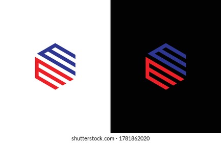 MM, M M  or EE, E E  initial letters looping linked hexagon logo Blue and Red.