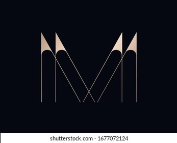MM monogram logo. Letter m creative typographic icon.Decorative lettering sign.Thin lines alphabet initials isolated on dark background.Modern,elegant,luxury style characters for company branding.