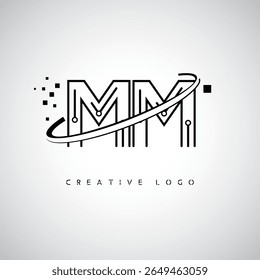 MM Orbit Monogram Logo – Futuristic Minimal Letter mark with Circular Line Art, Tech-Inspired Dots and Space Motion Concept for Modern Branding Identity