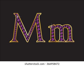 Mm in stunning amethyst precious round jewels set into a 2-level gold gradient channel setting, isolated on black. Vector EPS-10 file, transparency used. 