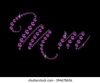 Mm in stunning Amethyst Script precious round jewels, isolated on black. Vector EPS-10 file, transparency used. 