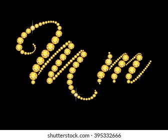 Mm in stunning Citrine Script precious round jewels, isolated on black. Vector EPS-10 file, transparency used. 