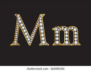 Mm in stunning diamond precious round jewels set into a 2-level gold gradient channel setting, isolated on black. Vector EPS-10 file, transparency used. 