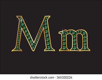 Mm in stunning emerald precious round jewels set into a 2-level gold gradient channel setting, isolated on black. Vector EPS-10 file, transparency used. 