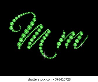 Mm in stunning Peridot Script precious round jewels, isolated on black. Vector EPS-10 file, transparency used. 