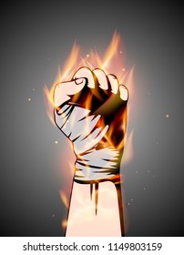 MMA or boxing burning bandage fist uplifted hand. Mixed martial arts fighting flame emblem or logo idea. Vector athletic symbol with fire.