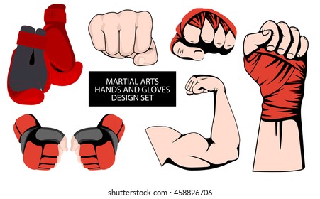 MMA Or Boxing Red Gloves Hand Design Element Set. Mixed Martial Arts Collection. Fighting Fist Emblem Or Logo Idea. Vector Athletic Hands Icon