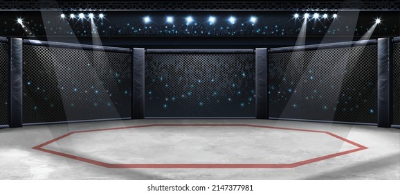 MMA cage night. Fighting Championship. Fight night. 3D render MMA arena. View of the arena by spotlights. Full tribune. Sport - Shutterstock ID 2147377981