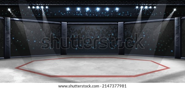 MMA cage night. Fighting Championship. Fight night.\
3D render MMA arena. View of the arena by spotlights. Full tribune.\
Sport