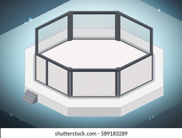 MMA cage. Octagon isometric view. Vector flat illustration.