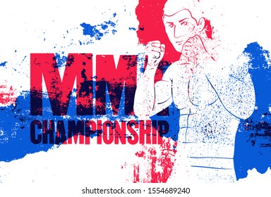 MMA Championship typographical vintage grunge style poster with hand drawn silhouette of mixed martial arts fighter. Fight club concept design template, emblem, label. Retro vector illustration.