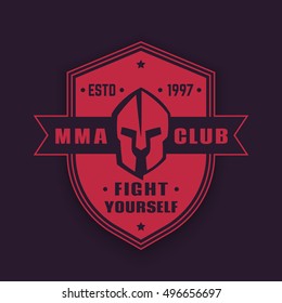 MMA Club vintage emblem, badge, logo with spartan helmet on shield, vector illustration