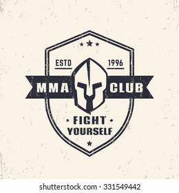 MMA Club vintage shield shape emblem, logo with spartan helmet, vector illustration