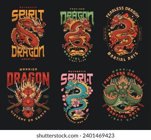 MMA dragon colorful set posters with oriental monster with katanas or flowers and inscriptions about mixed martial arts vector illustration