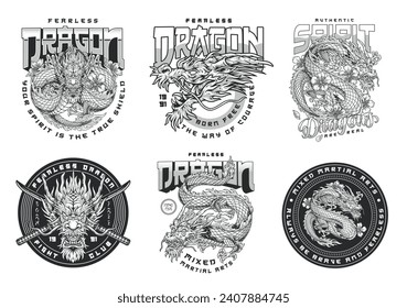 MMA dragon monochrome set flyers oriental lizard with long mane near headers fight club and mixed martial arts vector illustration