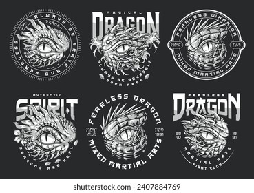 MMA dragon set flyers monochrome eye fantastic predator covered with scales inviting to visit mixed martial arts club vector illustration