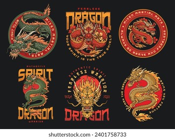 MMA dragon set posters colorful with magical reptile symbolizing courage among mixed martial arts fighters vector illustration