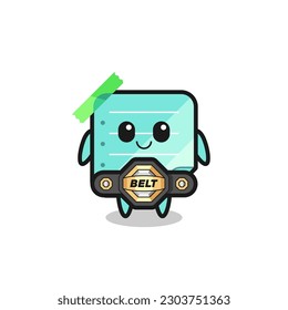 the MMA fighter blue sticky notes mascot with a belt , cute style design for t shirt, sticker, logo element
