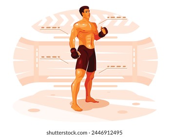 MMA fighter in gloves stands in the center of the octagon. Vector graphics