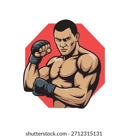 Logotipo de la mascota del luchador de MMA. Vector sobre fondo blanco.