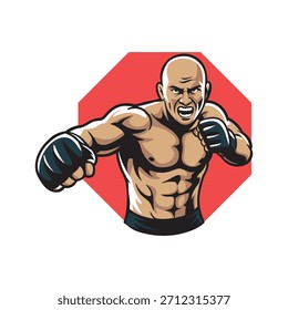 Logotipo de la mascota del luchador de MMA. Vector sobre fondo blanco.	