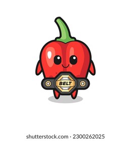 the MMA fighter red bell pepper mascot with a belt , cute style design for t shirt, sticker, logo element