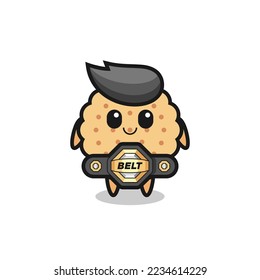the MMA fighter round biscuits mascot with a belt , cute style design for t shirt, sticker, logo element