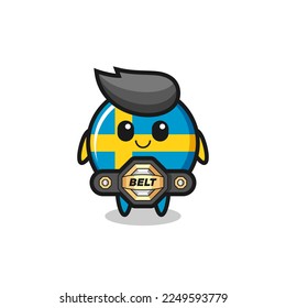 the MMA fighter sweden flag badge mascot with a belt , cute style design for t shirt, sticker, logo element