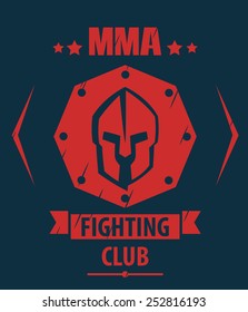 MMA Fighting Club Scratched Emblem With Spartan Helmet Vector Illustration, Eps10, Easy To Edit