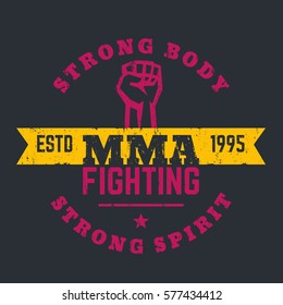 MMA Fighting logo, emblem, t-shirt design, print on dark, vector illustration