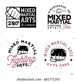 MMA logo templates in vintage style. Retro mixed martial arts badges.